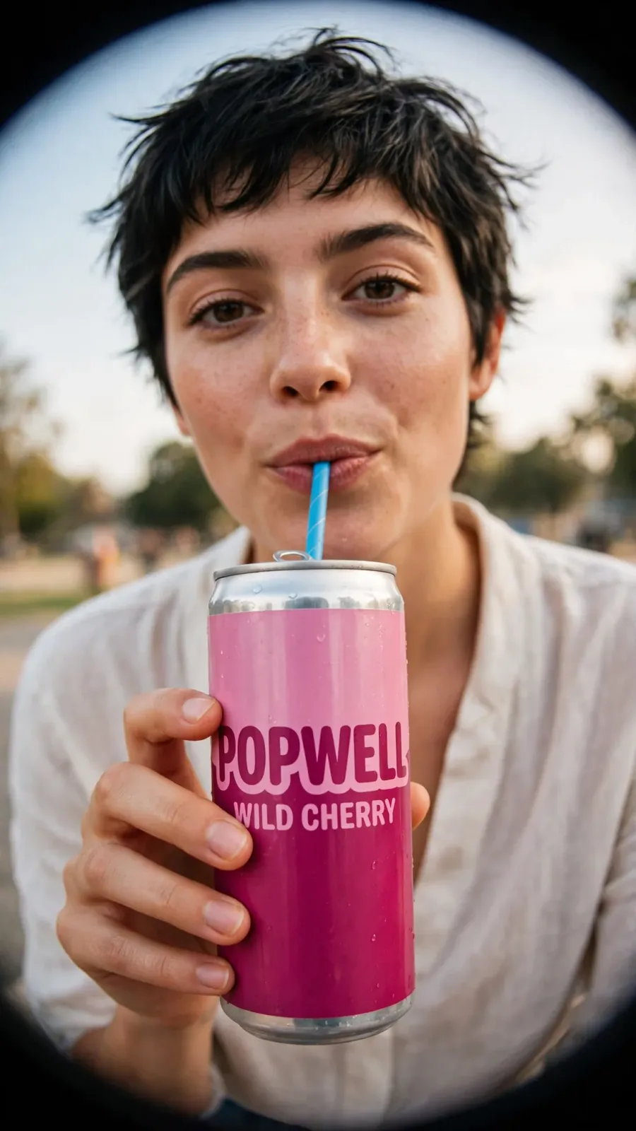POPWELL Wild Cherry can, on a model