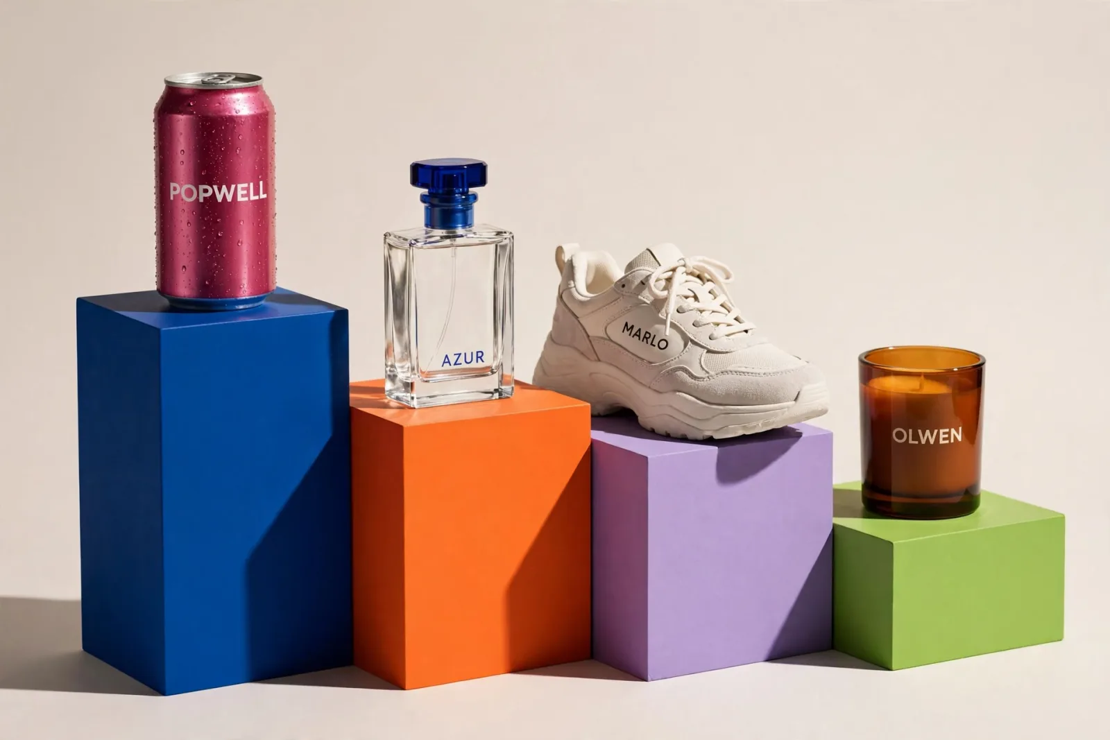 Four brands' products on colour-block plinths of different heights: a Popwell can, an Azur perfume, a Marlo sneaker and an Olwen candle