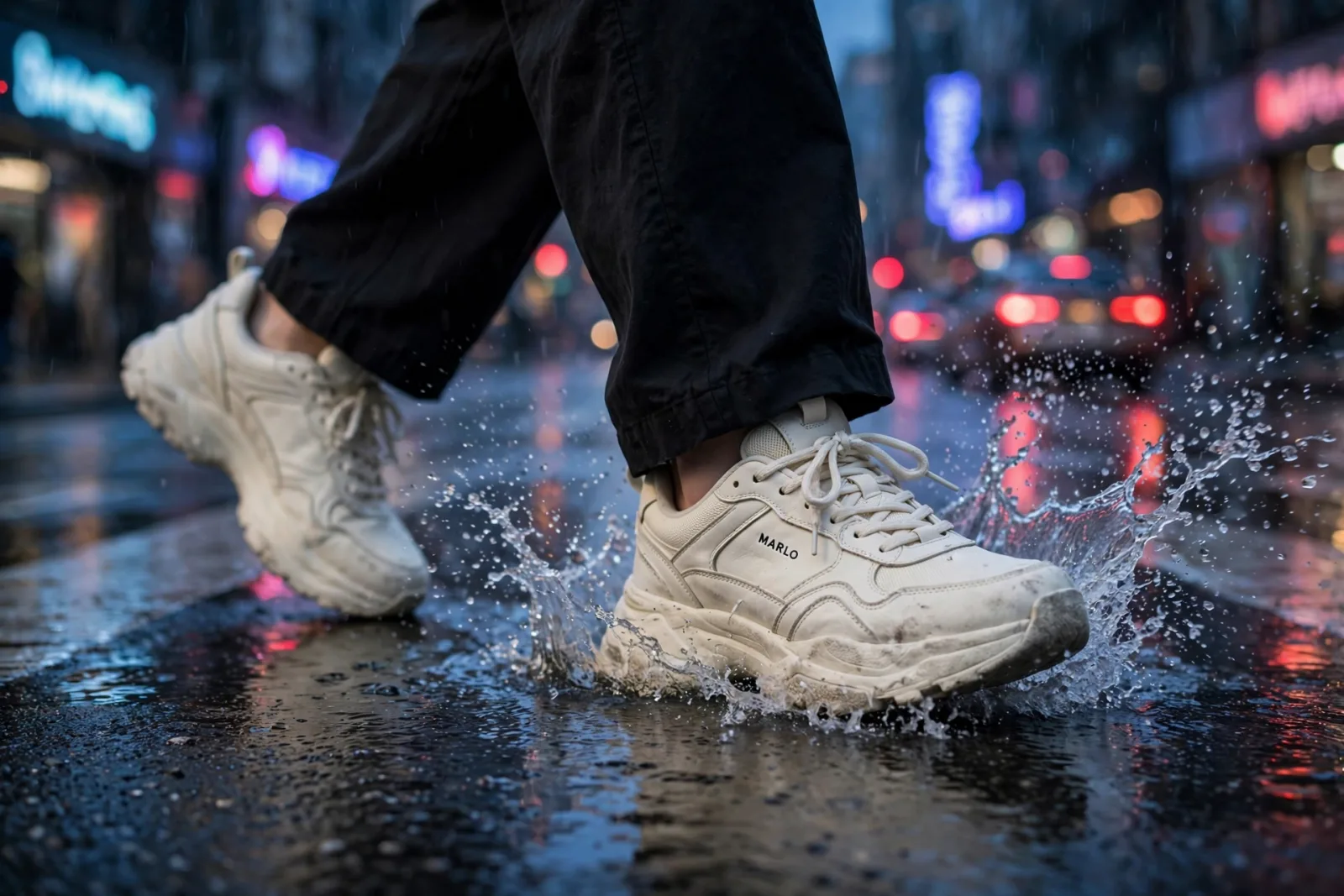 Off-white Marlo sneakers splashing through a puddle on a wet city crosswalk at night