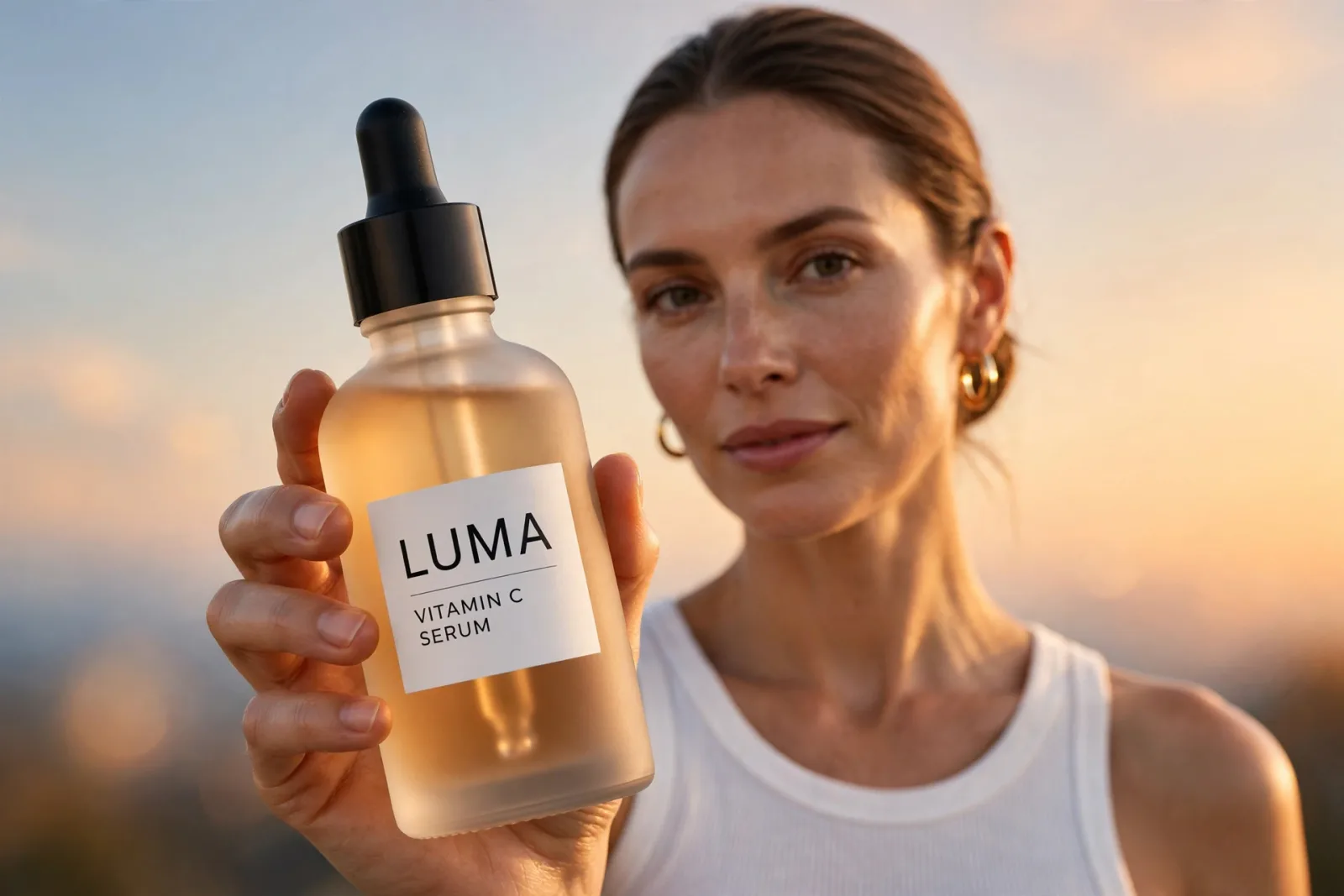 A woman holding a bottle of Luma vitamin C serum up to the camera against a sunset sky