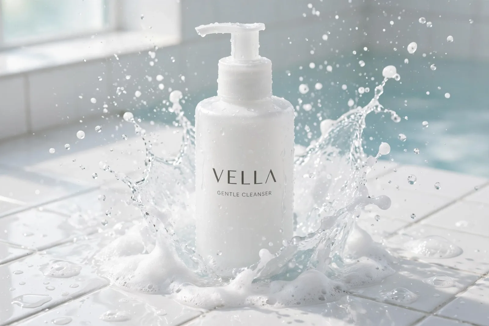 A Vella foaming cleanser bottle on wet white tiles in a burst of water and foam