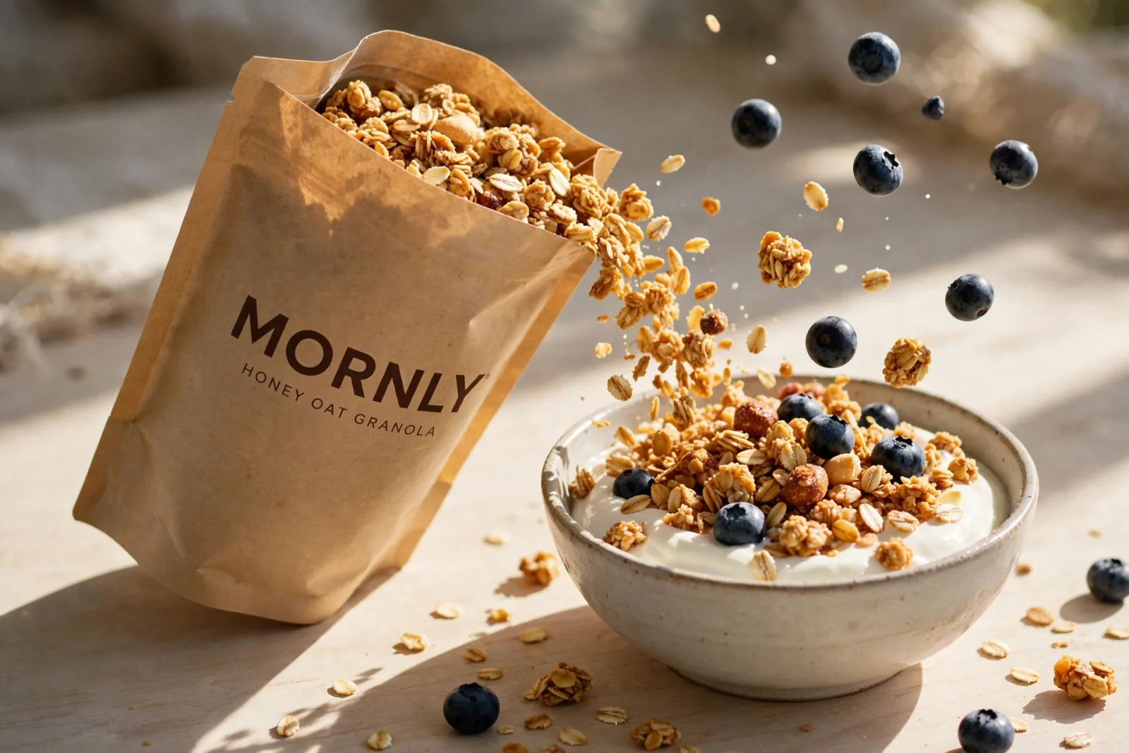 Granola pouring from a Mornly pouch into a bowl of yogurt and blueberries