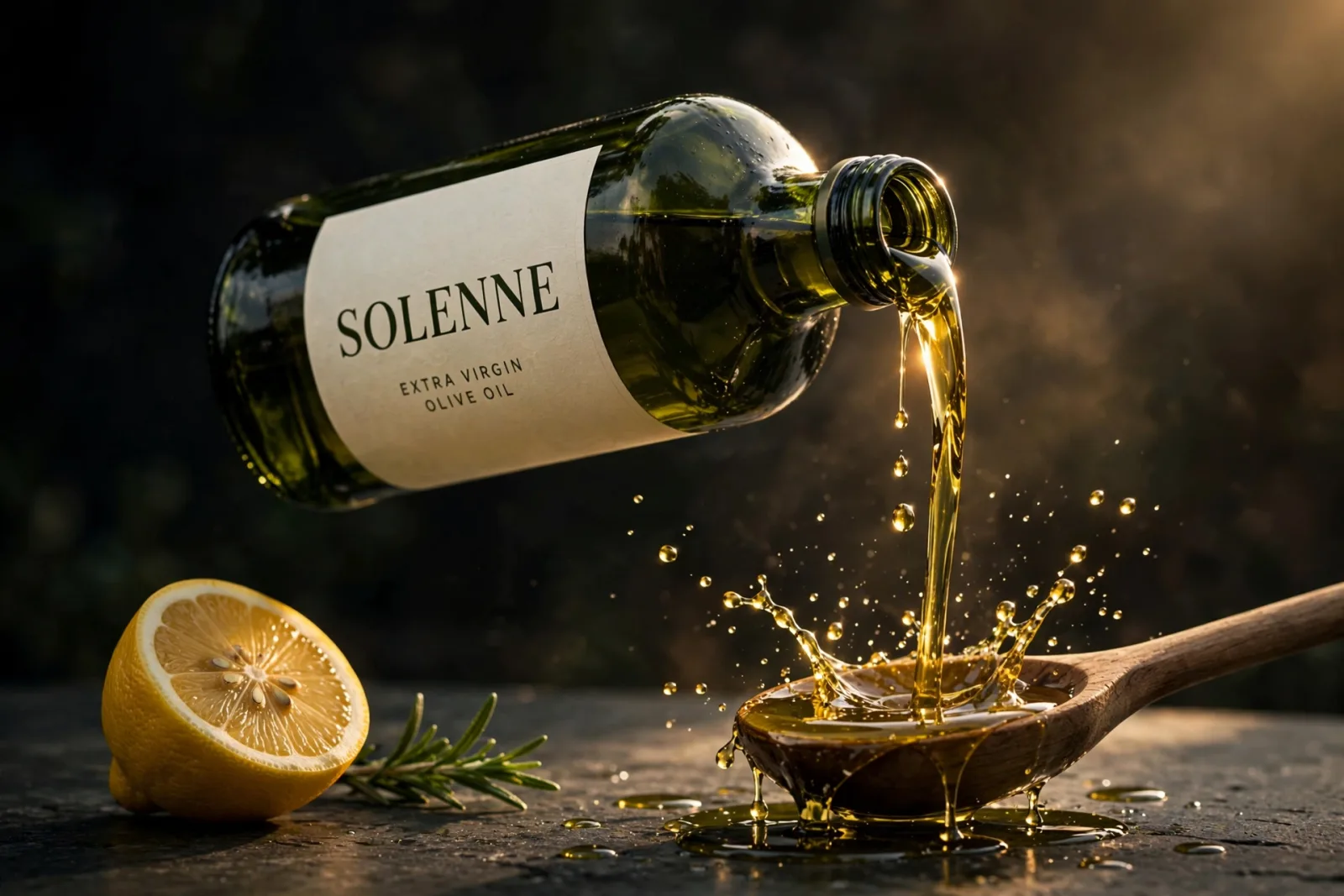 Olive oil pouring from a Solenne bottle into a wooden spoon beside a halved lemon