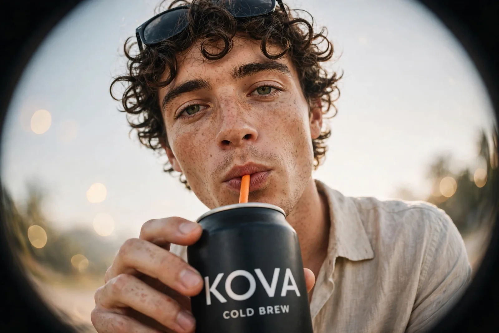A man with curly hair sipping a Kova cold brew can through an orange straw, shot close on a fisheye lens
