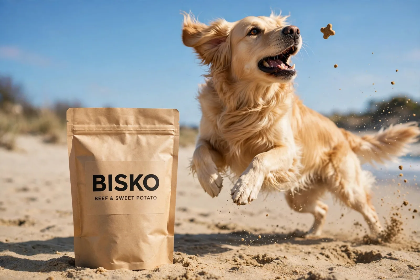 A golden retriever leaping for a treat on a beach beside a pouch of Bisko dog treats