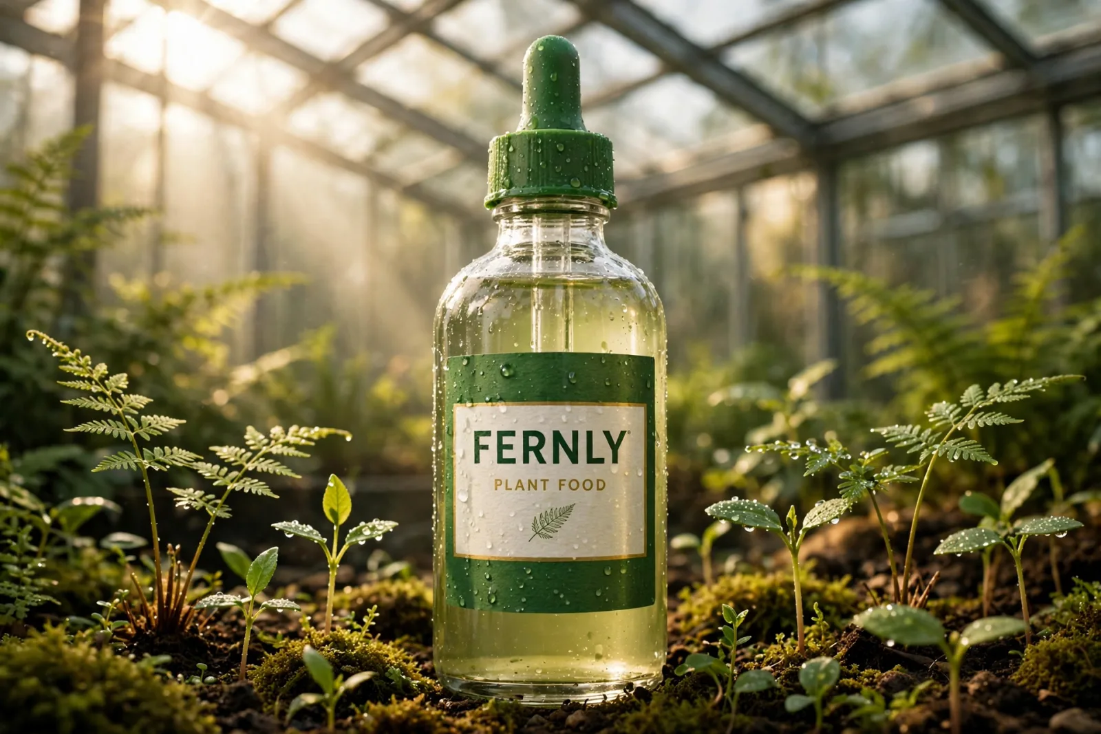 A bottle of Fernly plant food among ferns and seedlings in a sunlit glasshouse