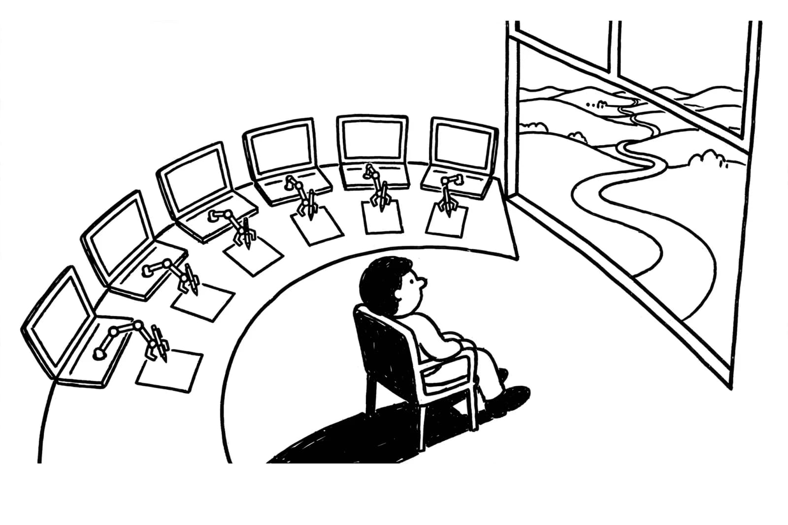 Cartoon: robot arms write away at six laptops while a person leans back in a chair, looking out of a window at a winding road.